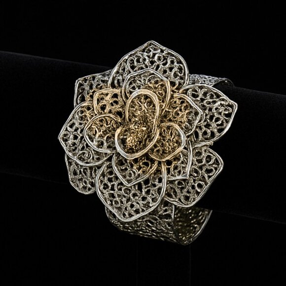 Vintage-Style Silver Filigree Floral Cuff Bracelet – Adjustable - Picture 2 of 6